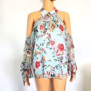 Alice+olivia cold shoulder floral silk blouse